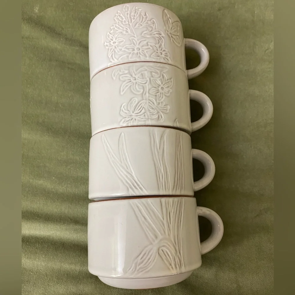 Pier 1 Imports White Floral Butterflies Stacking Mug 8oz Set of 4. UBM